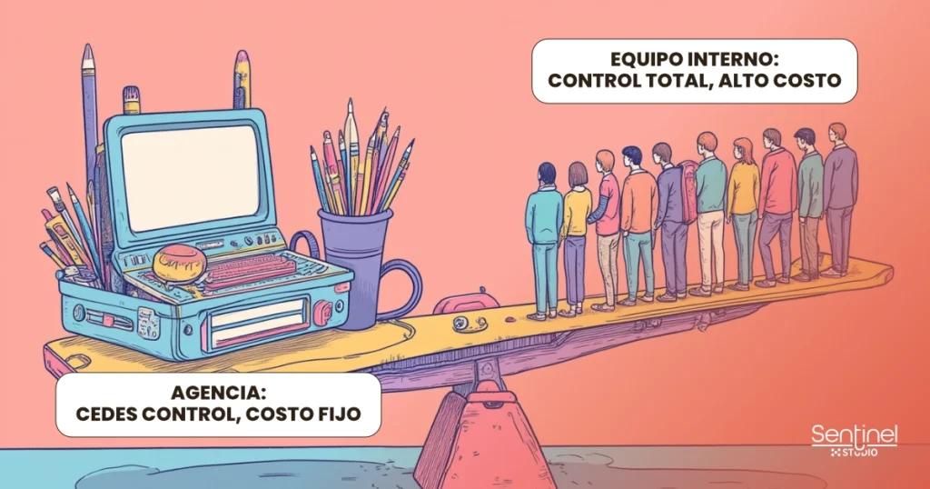 Un balancín equilibra un ordenador portátil, lápices y rotuladores con la etiqueta "Agencia: Cedes control, costo fijo" frente a los rotulados "Equipo interno: Control total, alto coste", destacando la diferencia entre agencia y equipo interno. El logotipo de Sentinel X Studio aparece en la parte inferior derecha.