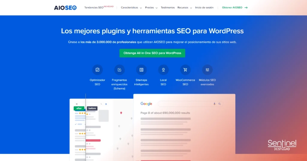 Captura de pantalla de la página de inicio del sitio web de AIOSEO en español, con un encabezado azul, texto principal que destaca los mejores plugins SEO WordPress, un botón verde "Obtener All in One SEO para WordPress", iconos de herramientas SEO e imágenes de resultados de búsqueda y análisis de Google.