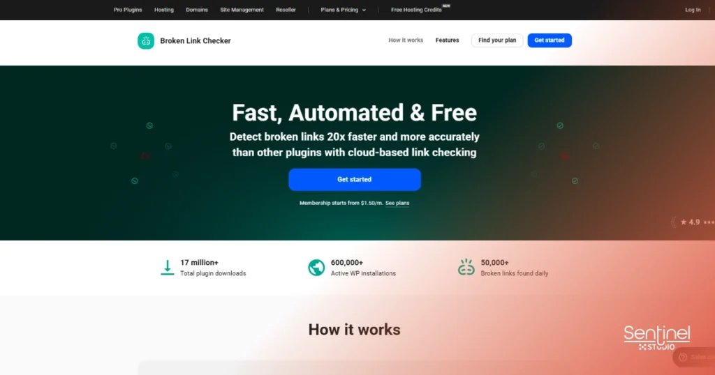 Captura de pantalla de la página de inicio de Broken Link Checker. El titular dice "Rápido, automatizado y gratuito" por encima de los botones para empezar-que es uno de los mejores plugins SEO WordPress para 2025. Las estadísticas destacan millones de descargas y miles de enlaces rotos encontrados diariamente.