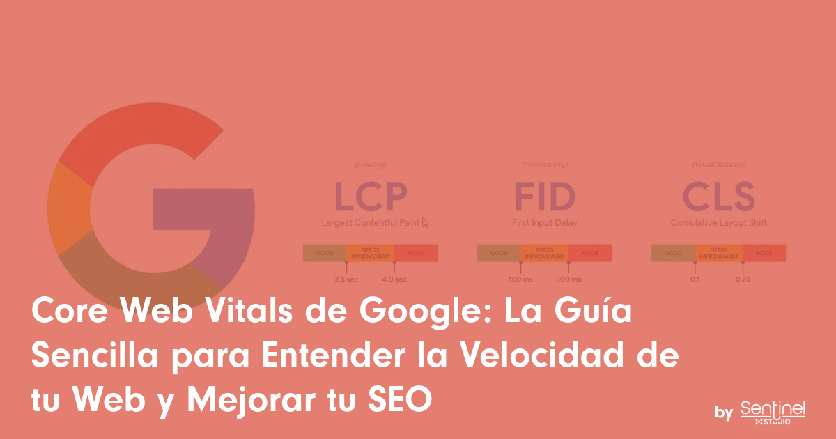 Gran logotipo translúcido de Google "G" sobre un fondo rosa salmón. Las métricas de velocidad web y core web vitals (LCP, FID, CLS) aparecen difuminadas detrás de un texto en español en blanco y negrita: "Core Web Vitals de Google: La Guía Sencilla para Entender la Velocidad de tu Web y Mejorar tu SEO.