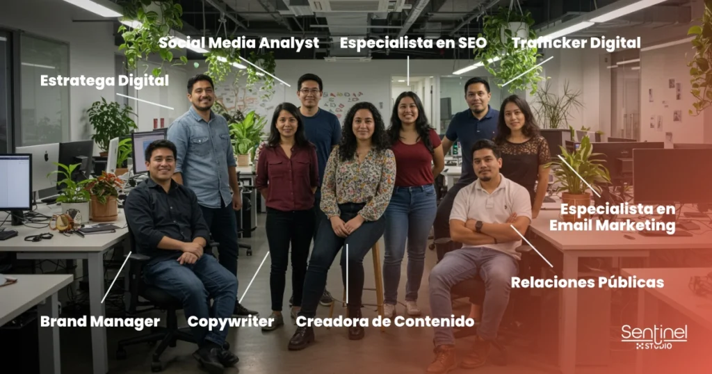 Nueve personas posan en una oficina moderna, cada función -Estratega Digital, Copywriter, Brand Manager, etc.- etiquetada en texto blanco con flechas. Perfect visual for companies that seek compare agencia vs equipo interno before contracting agencia marketing.
