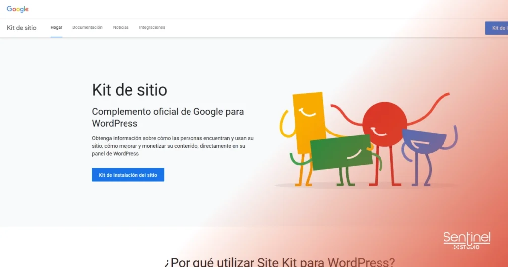 Una página web muestra el Kit de sitio de Google para WordPress, con el título "Kit de sitio" y una descripción del plugin. Se destaca un botón azul con la etiqueta "Kit de instalación del sitio". Descubre por qué está entre los mejores plugins SEO WordPress para 2025.