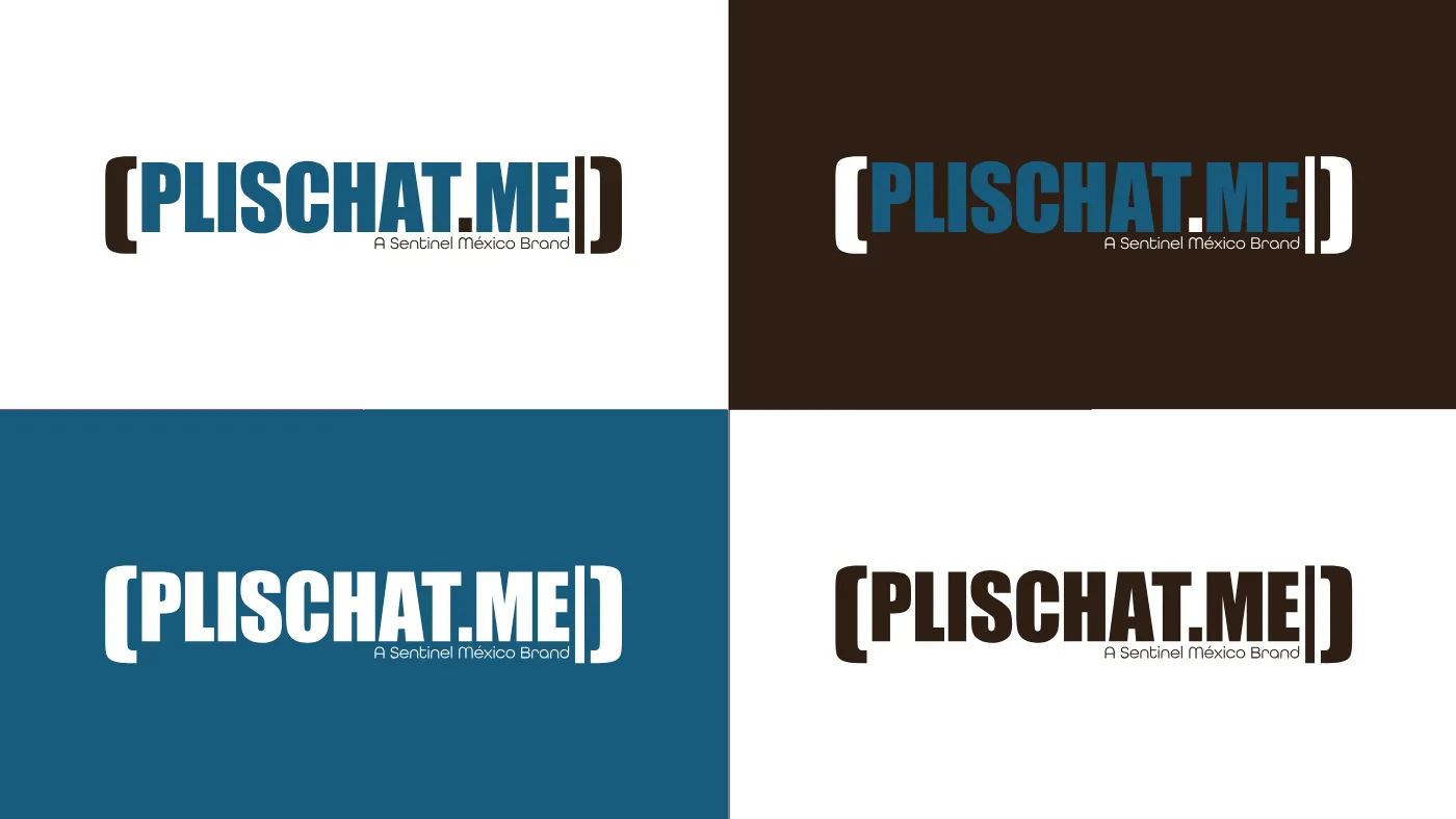 Cuatro variaciones del logotipo "PLISCHAT.ME", cada una con diferentes combinaciones de colores de fondo y texto; el subtítulo dice "Una marca centinela de México". Descubre la nueva imagen de Plis Chat Me.