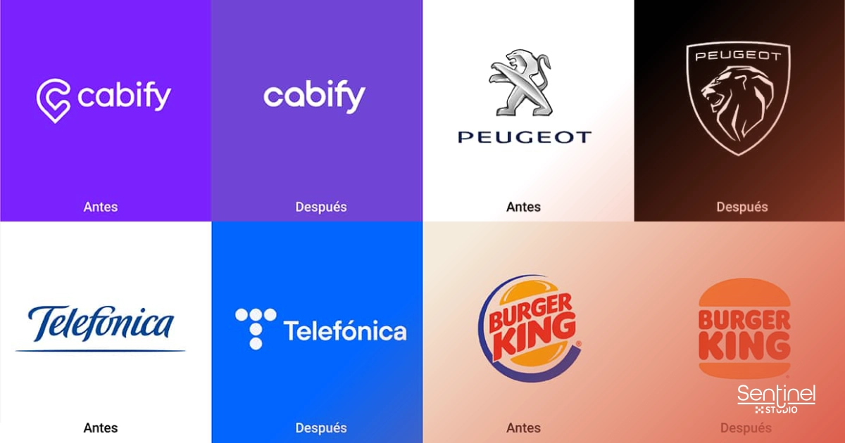 Una cuadrícula ilustra el proceso de cambio de marca de Cabify, Peugeot, Telefónica y Burger King. El logotipo "Antes" de cada marca está a la izquierda; la versión "Después", a la derecha, muestra las actualizaciones de estilo, fuente o color.