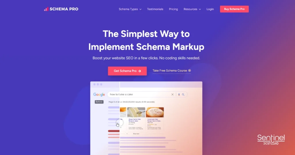 La página de inicio del sitio web de Schema Pro presenta un fondo morado, un texto de cabecera blanco que reza "La forma más sencilla de implementar Schema Markup", un botón rojo "Get Schema Pro" y destaca su lugar entre los mejores plugins SEO WordPress 2025. El logotipo de Sentinel X STUDIO aparece en la parte inferior derecha.