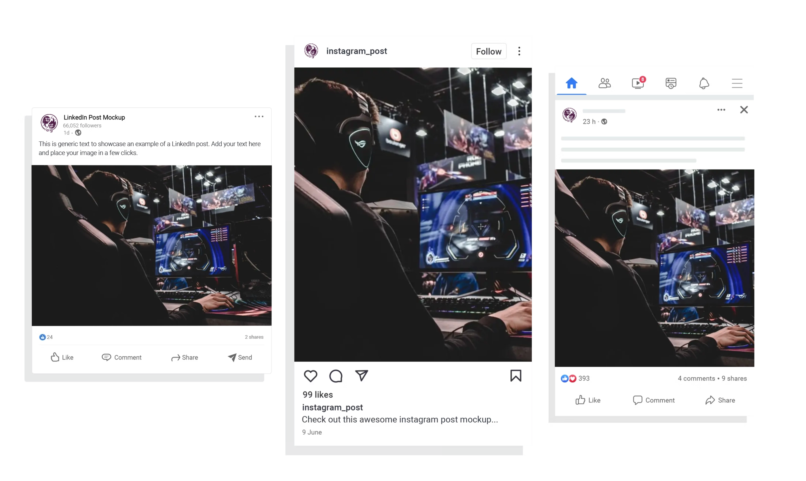 Un jugador, concentrado en un gran monitor, se sienta en un escritorio con auriculares, teclado y ratón. Las maquetas de LinkedIn, Instagram y Facebook resaltan la escena, ideal para agencias de Google Ads para pymes en México que promueven campañas de juegos.