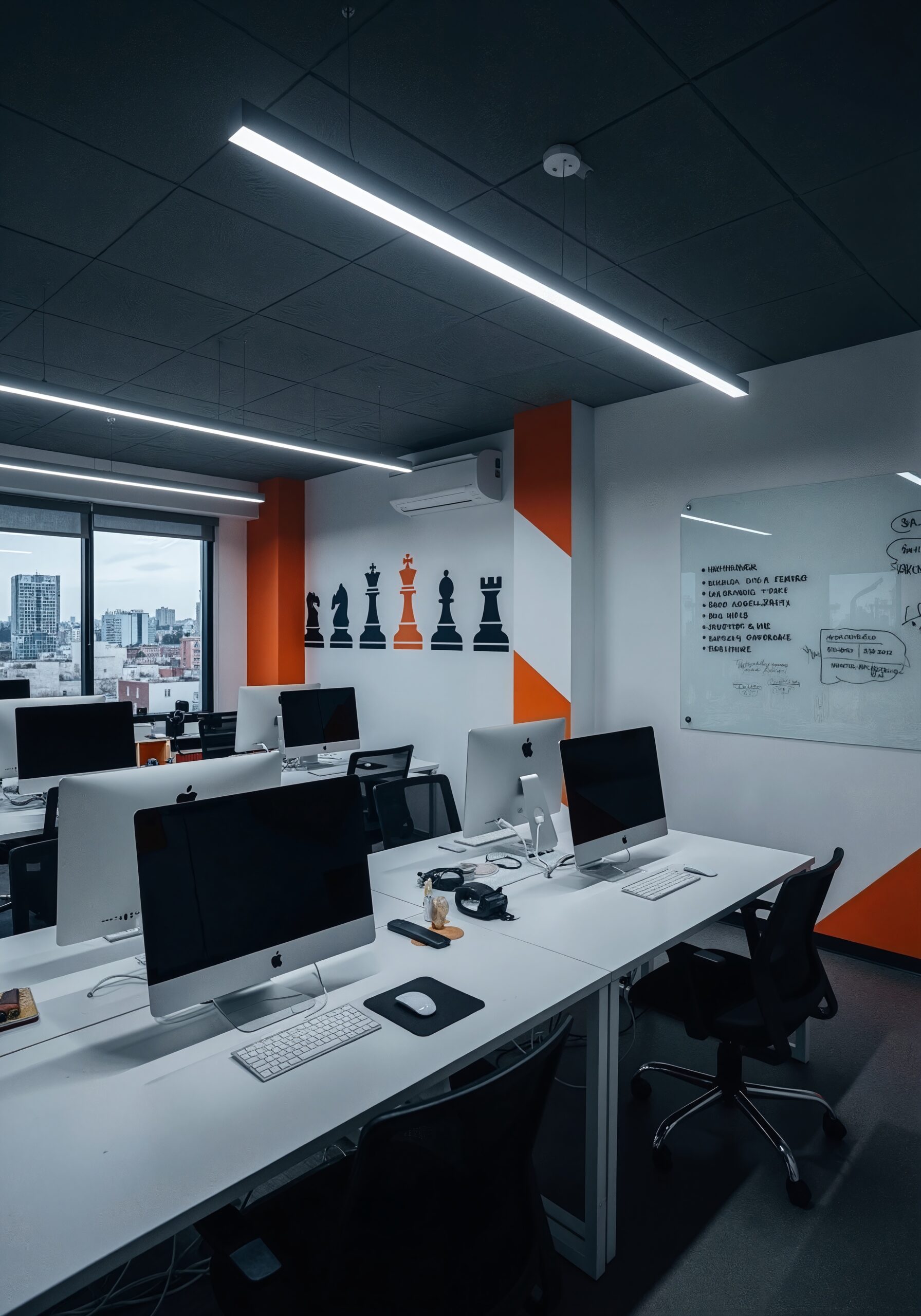 Moderna oficina en Sobre Sentinel Studio con varios escritorios y ordenadores iMac, sillas ergonómicas y una ventana que muestra un paisaje urbano. Una pared muestra grandes gráficos de piezas de ajedrez, mientras que la elegante iluminación y los toques naranjas añaden estilo al espacio de trabajo.