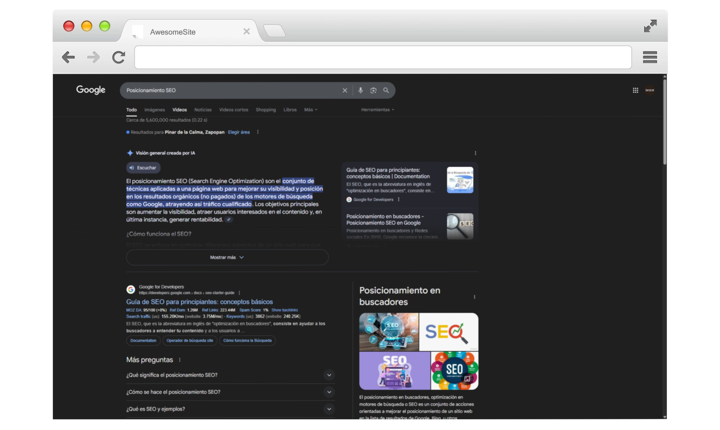 Una página de búsqueda de Google de temática oscura muestra los resultados de "Posicionamiento SEO", incluidos fragmentos destacados sobre cómo aparecer primero en Google México, artículos relacionados, gráficos e iconos de SEO en español e inglés. La pestaña del navegador dice "AwesomeSite.