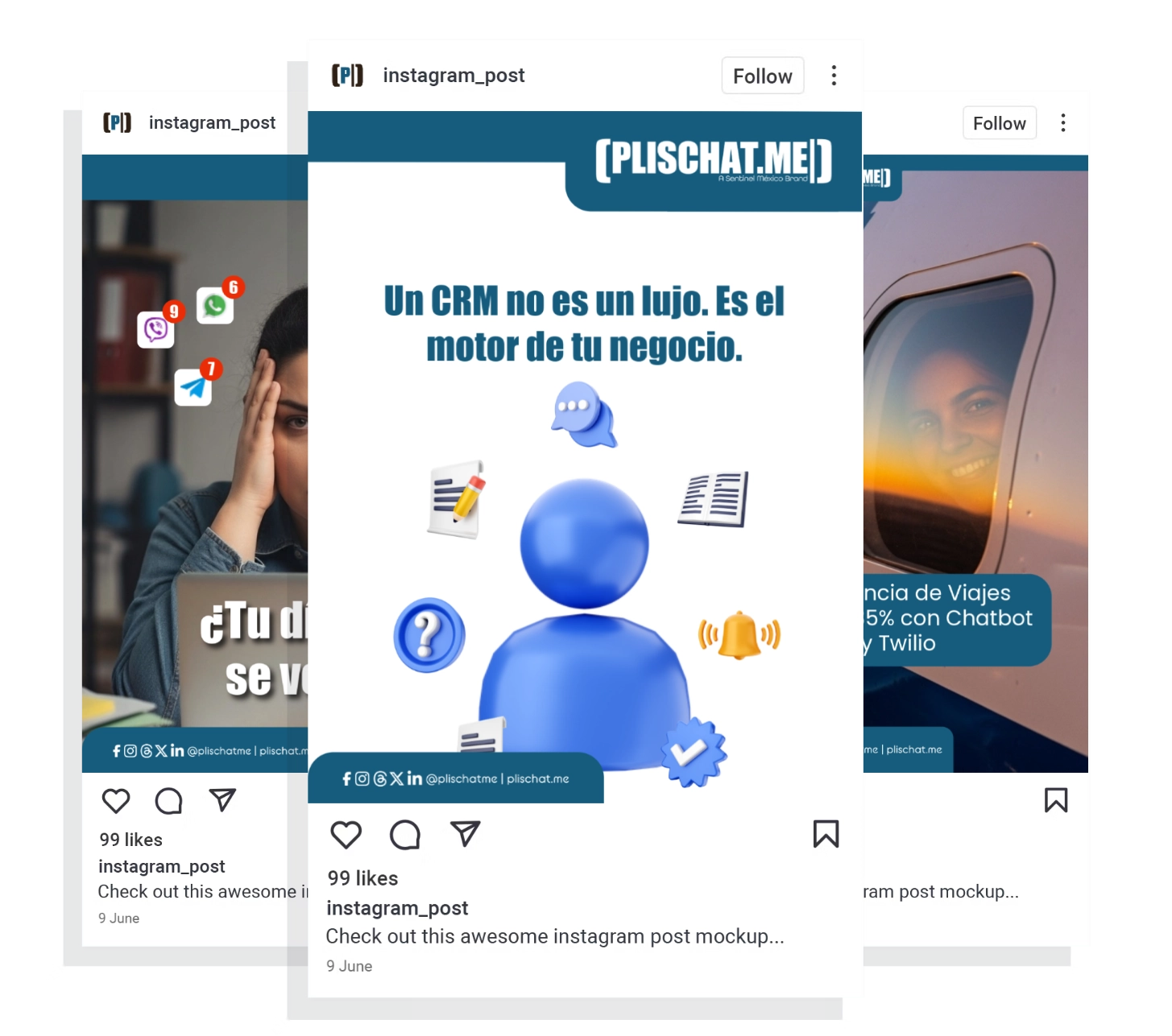 Una pila de tres mockups de post de Instagram de una agencia de social media para empresas en México. La publicación superior muestra un avatar azul, iconos de chat y configuración, texto en negrita en español y el logotipo de Plischat.me en la parte superior.