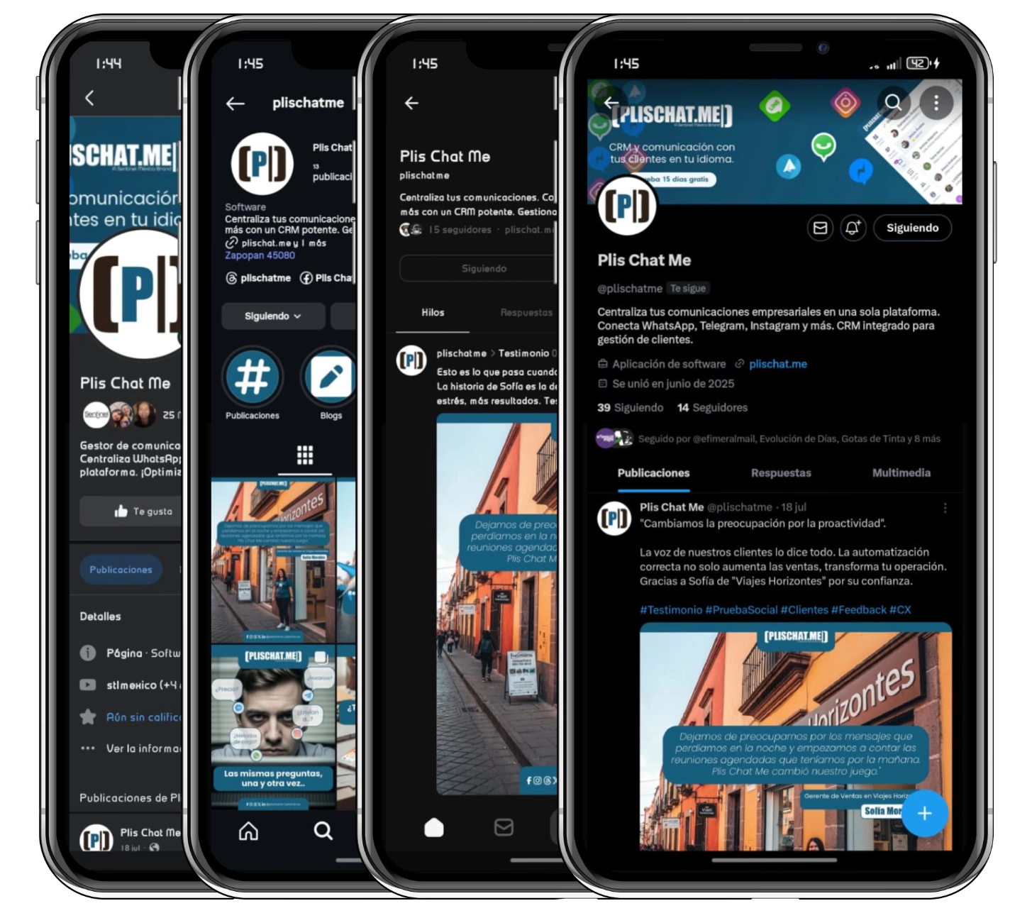 Cuatro smartphones muestran las páginas de redes sociales de Plis Chat Me en los modos oscuro y claro, con la marca en azul. Aparecen textos, imágenes de perfil, banners y publicaciones en español, una inspiración ideal para quienes buscan cómo gestionar redes sociales para vender más.