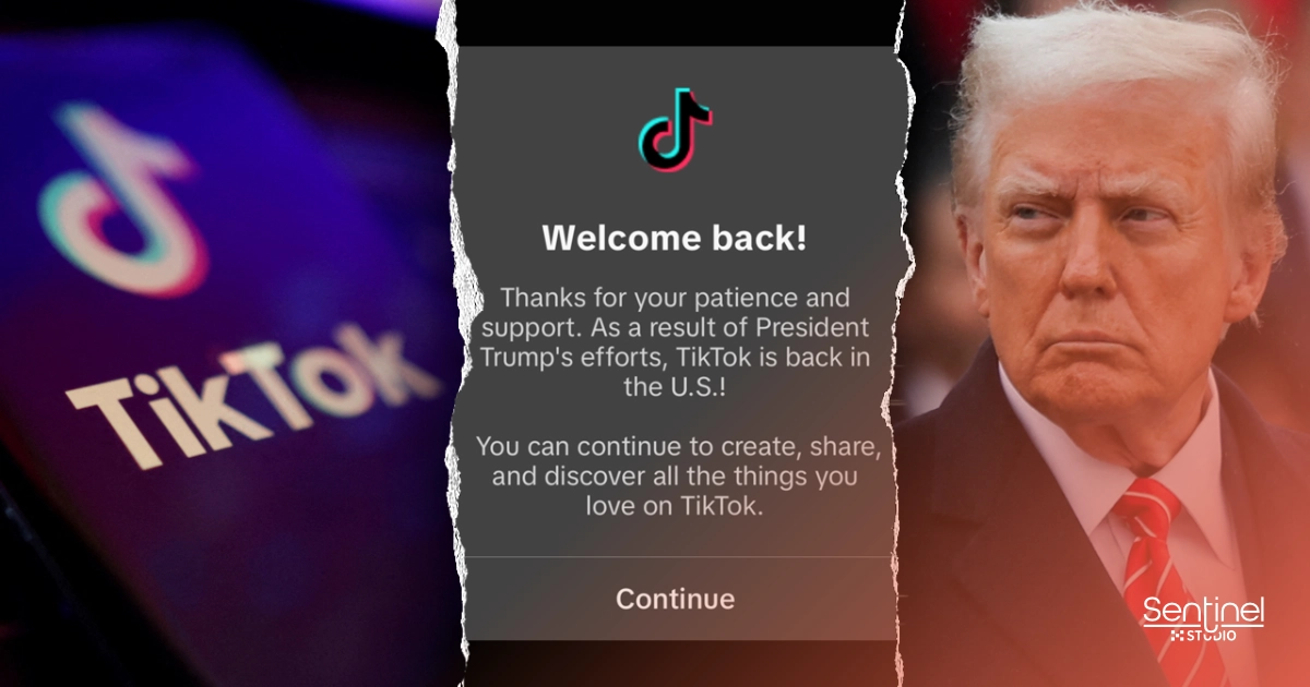 Una imagen rasgada muestra el logotipo de TikTok a la izquierda, un mensaje dando la bienvenida a los usuarios de vuelta a TikTok en el centro haciendo referencia a la Casa Blanca y al presidente Trump, y un Donald Trump serio a la derecha. El logotipo del estudio Sentinel Post aparece en la esquina inferior derecha.