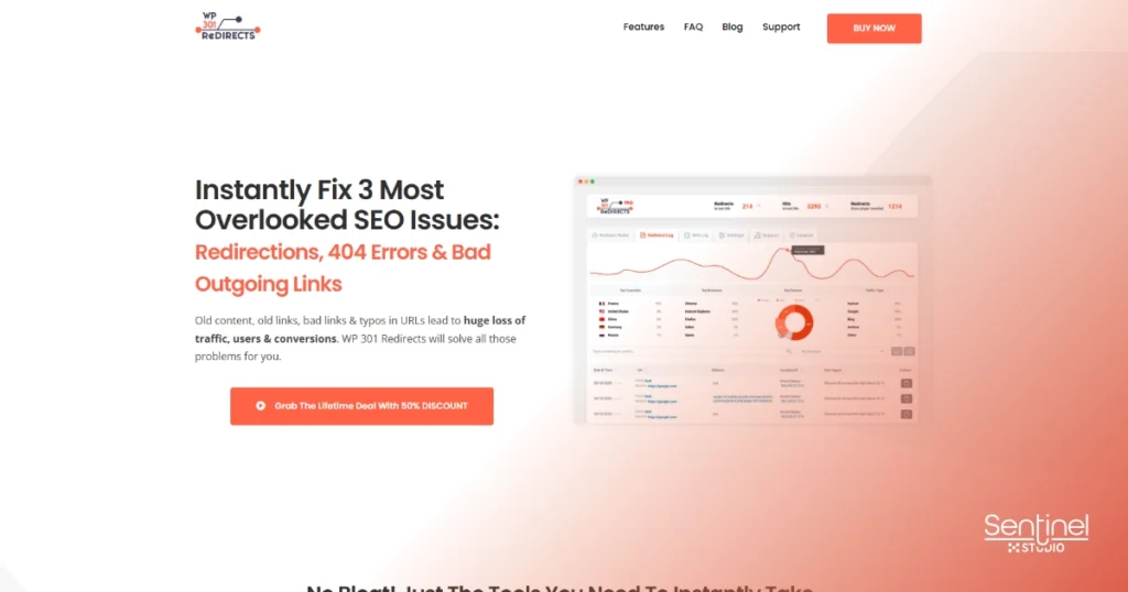 La página de inicio de un sitio web para WP 301 Redirects muestra un encabezado, un menú de navegación y una llamada a la acción. El texto principal destaca la solución de problemas de SEO como redirecciones y errores 404 con plugins seo 2025. Una captura de pantalla del panel de control y el botón naranja "Comprar ahora" están a la derecha.